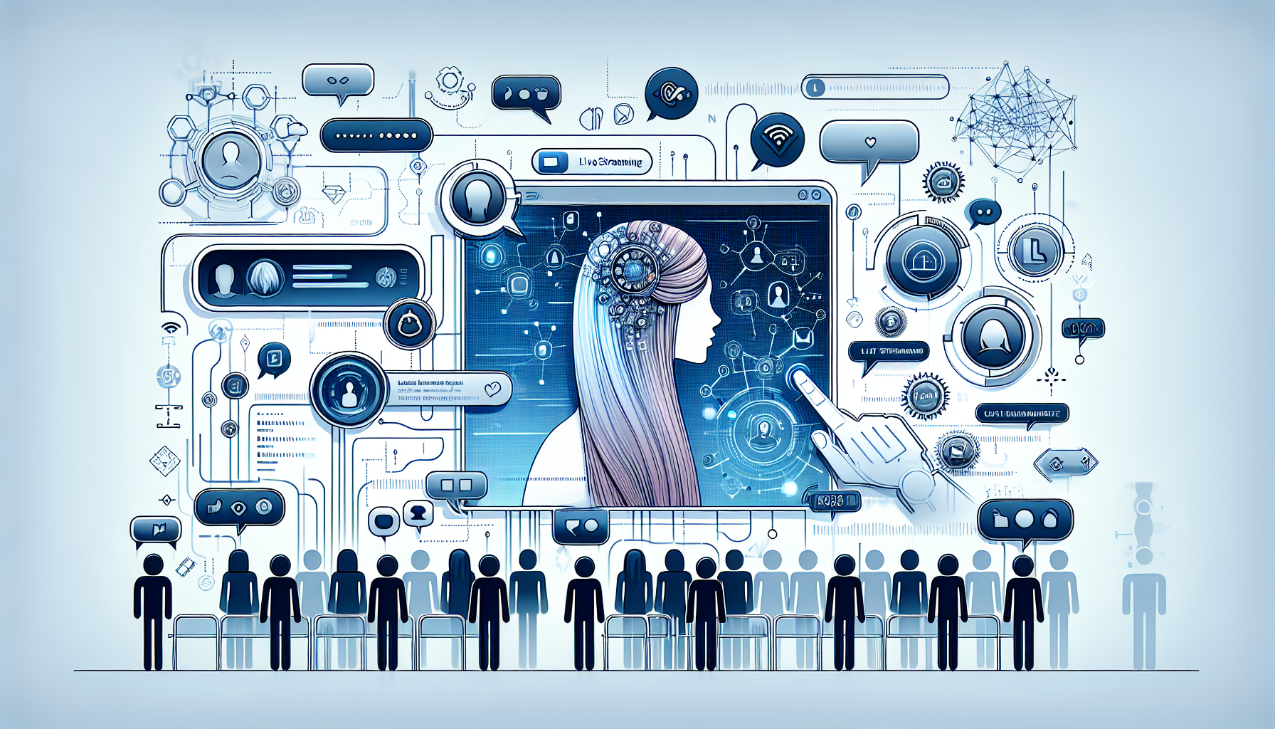 Illustration of high-tech live commerce in 2026 with AI analytics, social media integration, and interactive streaming